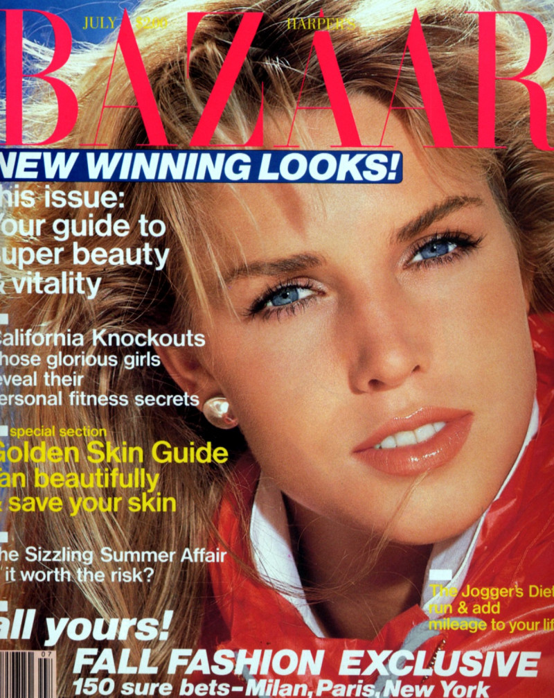 Anette Stai featured on the Harper\'s Bazaar USA cover from July 1984