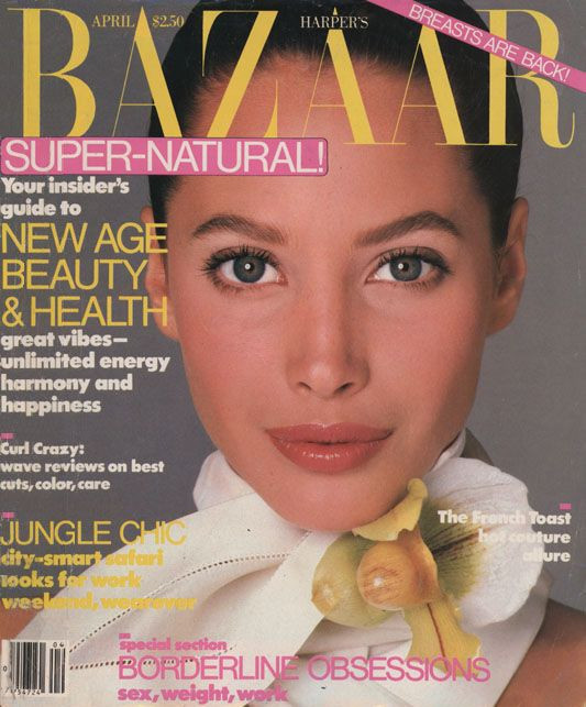 Christy Turlington featured on the Harper\'s Bazaar USA cover from April 1988