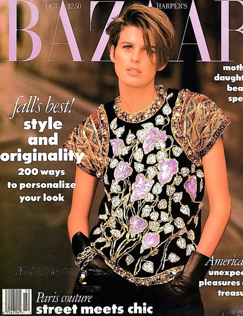 Elizabeth Josie Borain featured on the Harper\'s Bazaar USA cover from October 1989