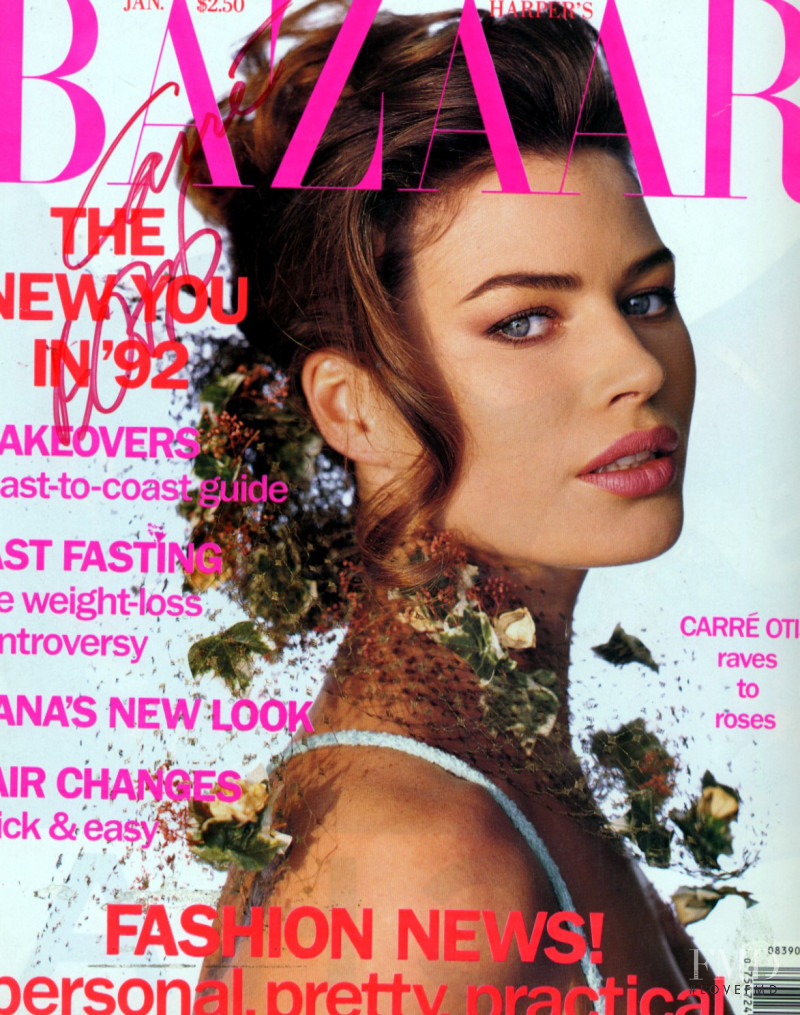 Carre Otis featured on the Harper\'s Bazaar USA cover from January 1992