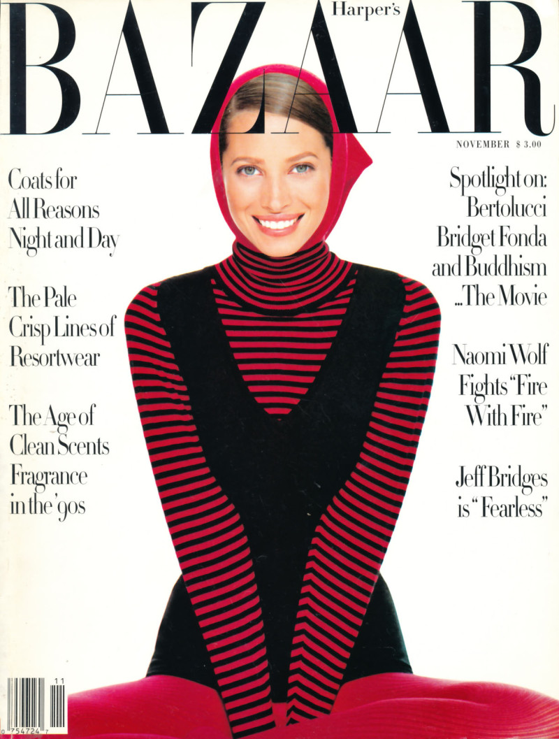 Christy Turlington featured on the Harper\'s Bazaar USA cover from November 1993