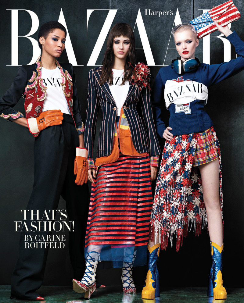 Greta Varlese, Lineisy Montero, Ruth Bell featured on the Harper\'s Bazaar USA cover from March 2016