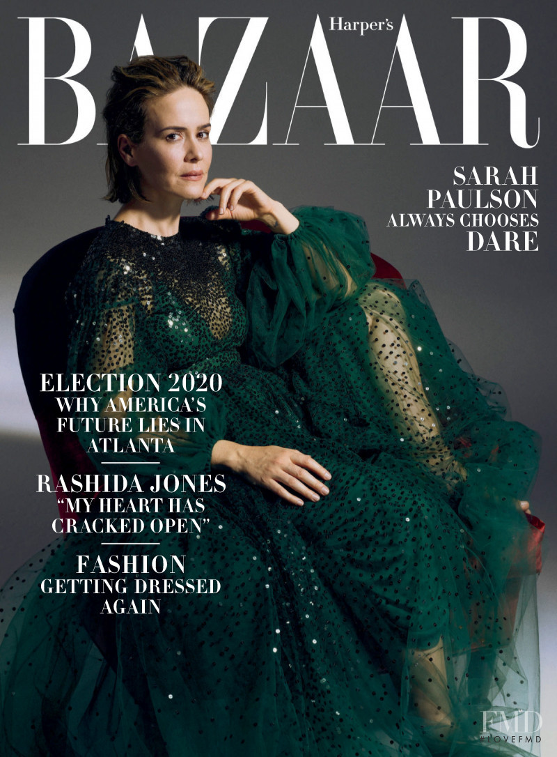 Sara Paulson featured on the Harper\'s Bazaar USA cover from October 2020