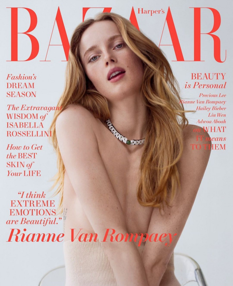 Rianne Van Rompaey featured on the Harper\'s Bazaar USA cover from May 2021