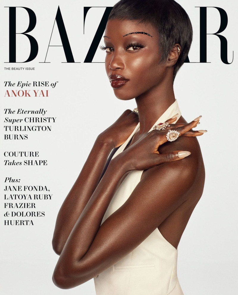 Anok Yai featured on the Harper\'s Bazaar USA cover from May 2024
