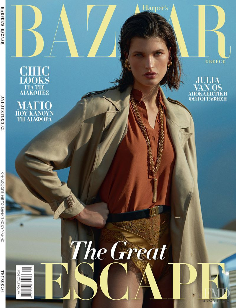 Julia van Os featured on the Harper\'s Bazaar Greece cover from August 2021