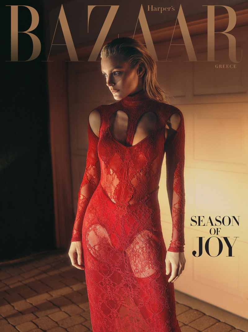 Jessica Stam featured on the Harper\'s Bazaar Greece cover from January 2024