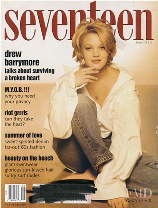 Drew Barrymore featured on the Seventeen USA cover from May 1993