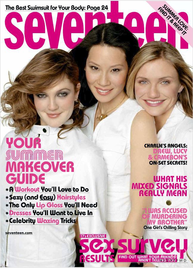 Drew Barrymore, Lucy Liu, Cameron Diaz featured on the Seventeen USA cover from July 2003