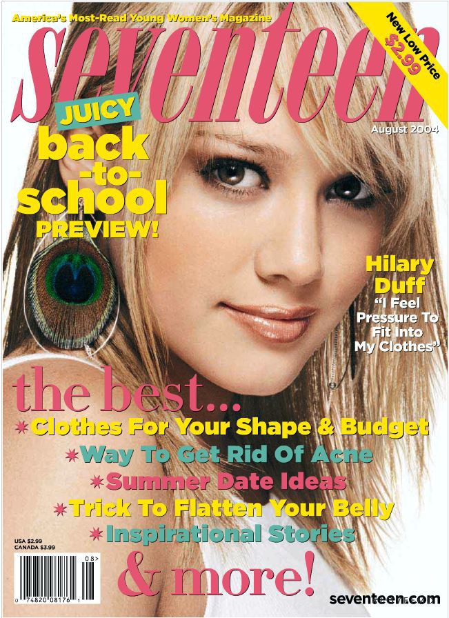 Hilary Duff featured on the Seventeen USA cover from August 2004