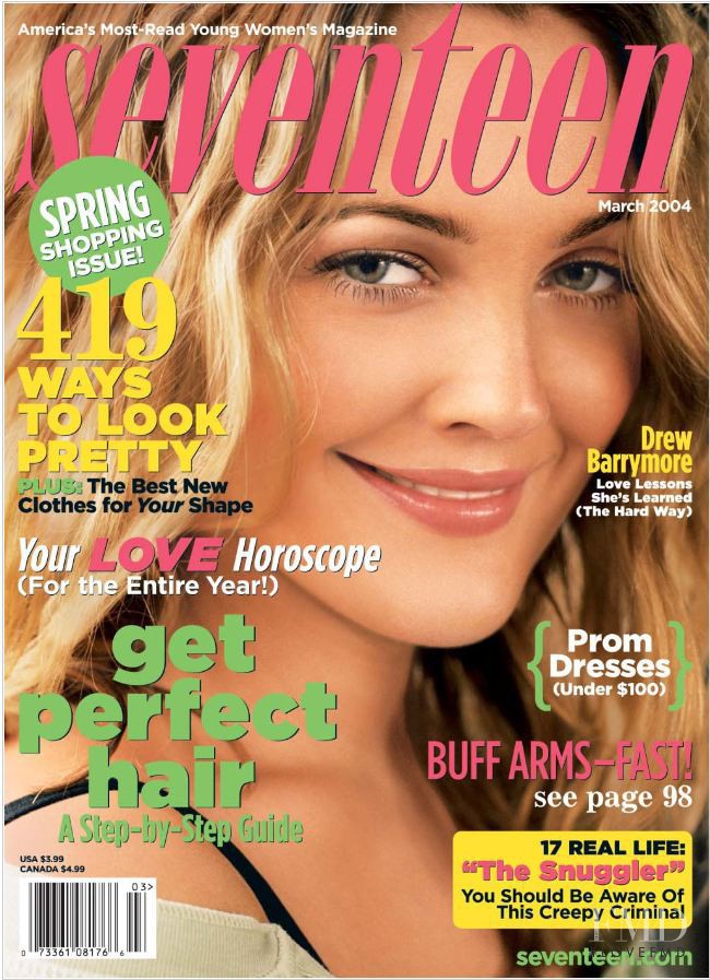 Drew Barrymore featured on the Seventeen USA cover from March 2004