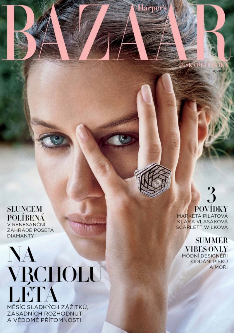 Nicole Poturalski featured on the Harper\'s Bazaar Czech cover from August 2023