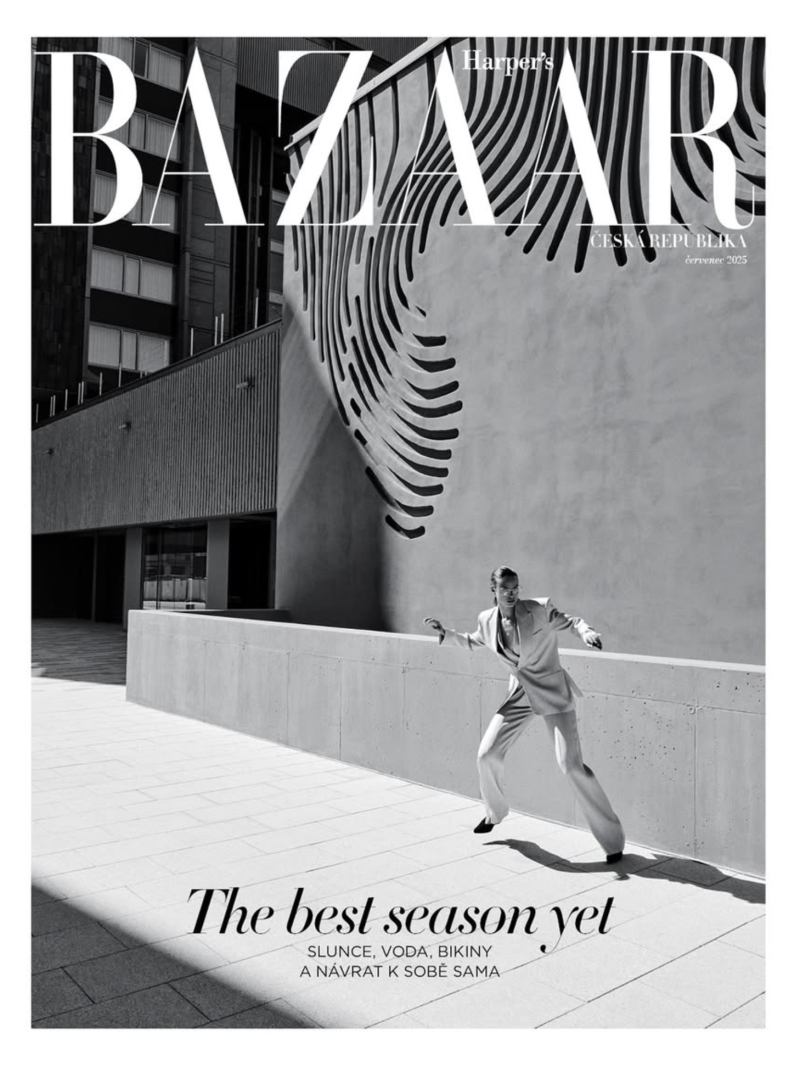 Birgit Kos featured on the Harper\'s Bazaar Czech cover from July 2025