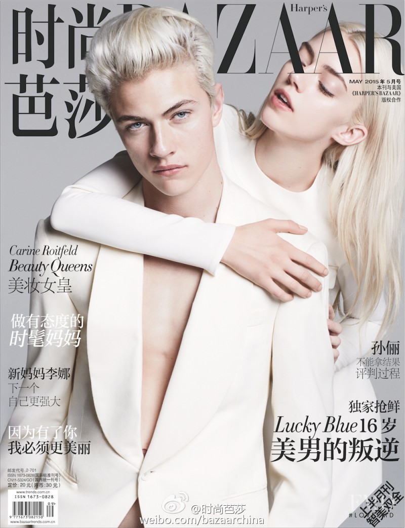 Lucky Blue Smith & Pyper America featured on the Harper\'s Bazaar China cover from May 2015