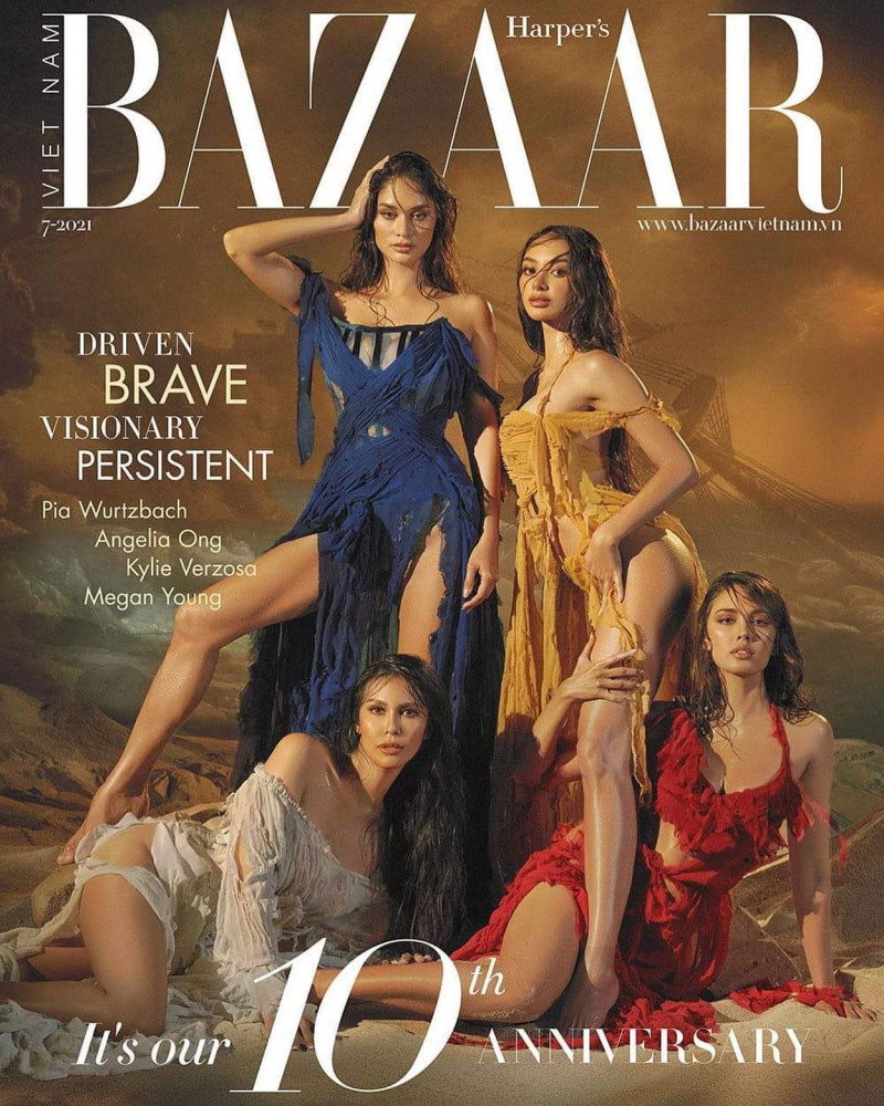 Pia Wurtzbach, Angelia Ong, Kylie Verzosa, Megan Young featured on the Harper\'s Bazaar Vietnam cover from July 2021