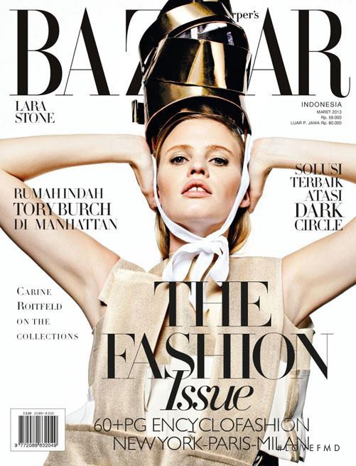 Lara Stone featured on the Harper\'s Bazaar Indonesia cover from March 2013