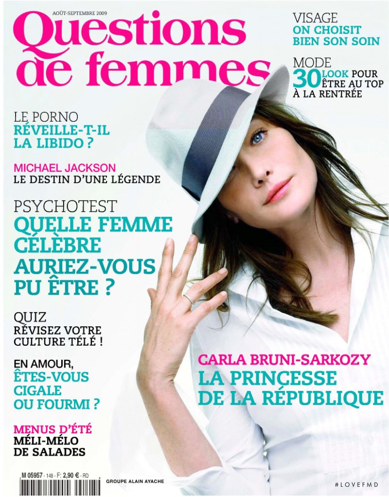 Carla Bruni featured on the Questions de femmes cover from August 2009