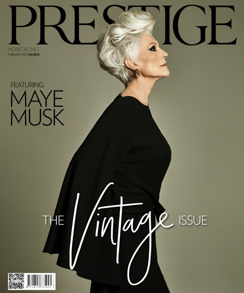 Maye Musk featured on the Prestige Hong Kong cover from February 2018