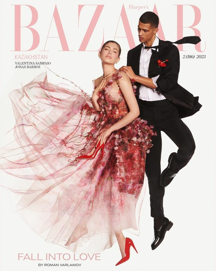 Valentina Sampaio, Jonas Barros featured on the Harper\'s Bazaar Kazakhstan cover from March 2023
