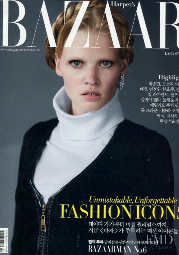 Lara Stone featured on the Harper\'s Bazaar Korea cover from September 2014