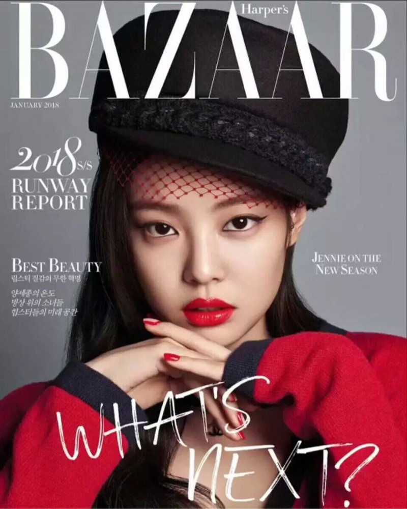 Jennie Kim featured on the Harper\'s Bazaar Korea cover from January 2018