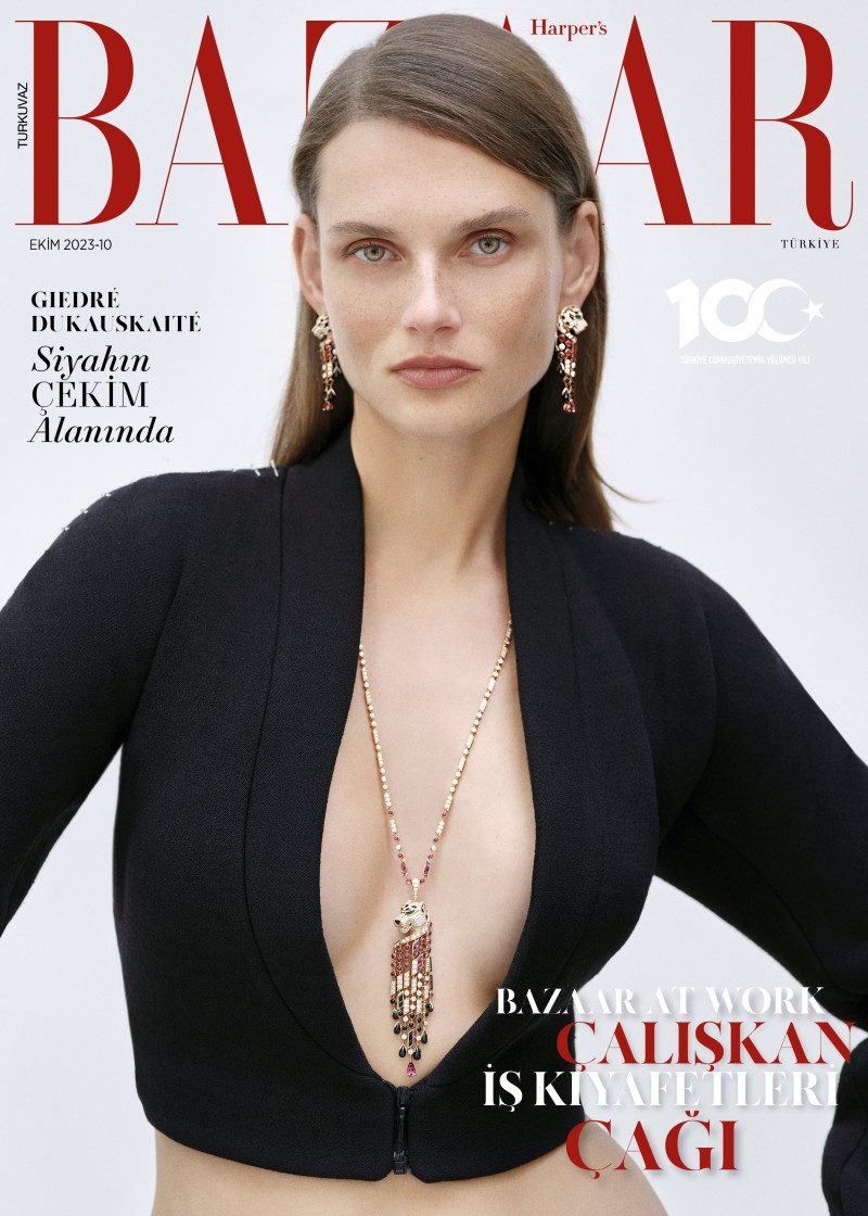 Giedre Dukauskaite featured on the Harper\'s Bazaar Turkey cover from October 2023