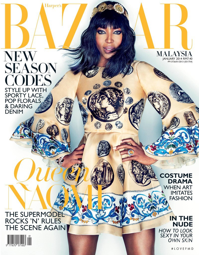 Naomi Campbell featured on the Harper\'s Bazaar Malaysia cover from January 2014