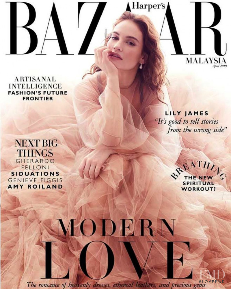 Lily James featured on the Harper\'s Bazaar Malaysia cover from April 2019