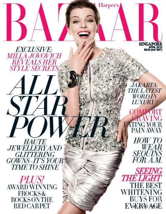 Milla Jovovich featured on the Harper\'s Bazaar Singapore cover from April 2010