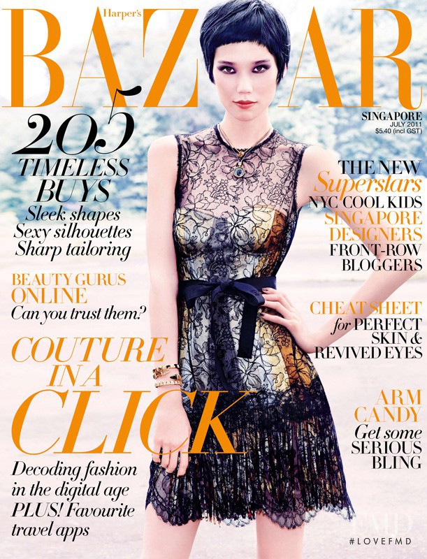 Tao Okamoto featured on the Harper\'s Bazaar Singapore cover from July 2011