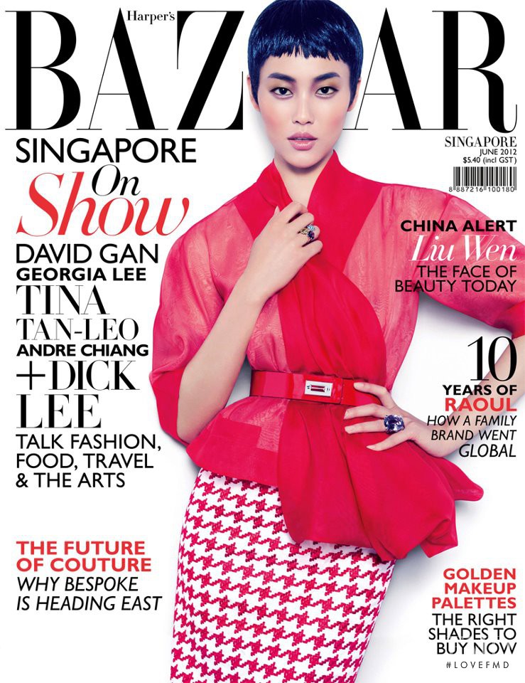 Liu Wen featured on the Harper\'s Bazaar Singapore cover from June 2012