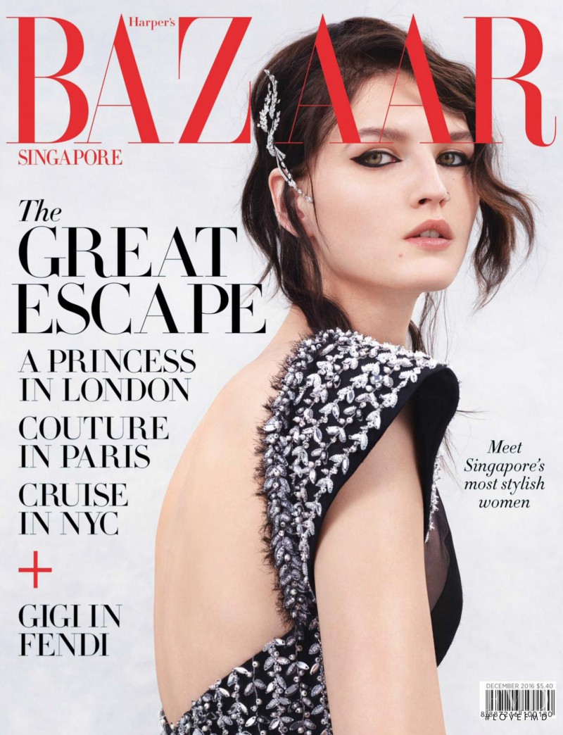 Katlin Aas featured on the Harper\'s Bazaar Singapore cover from December 2016