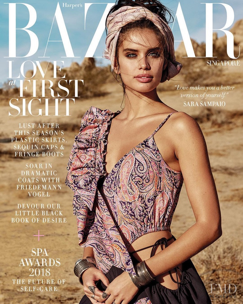 Sara Sampaio featured on the Harper\'s Bazaar Singapore cover from February 2018