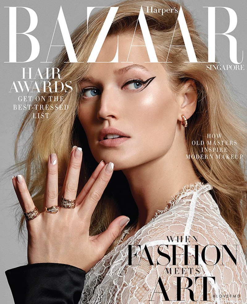 Toni Garrn featured on the Harper\'s Bazaar Singapore cover from July 2019