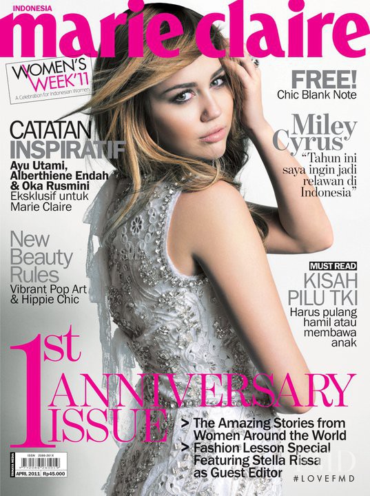 Miley Cyrus featured on the Marie Claire Indonesia cover from April 2011