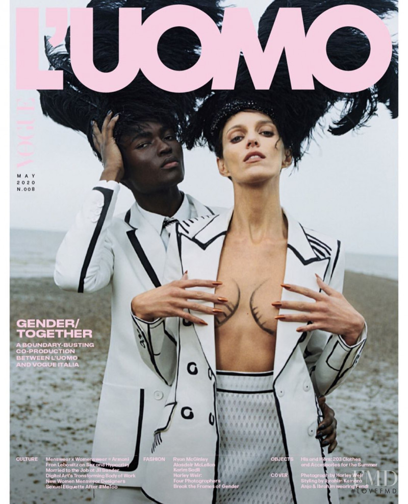 Anja Rubik featured on the L\'Uomo Vogue cover from May 2020