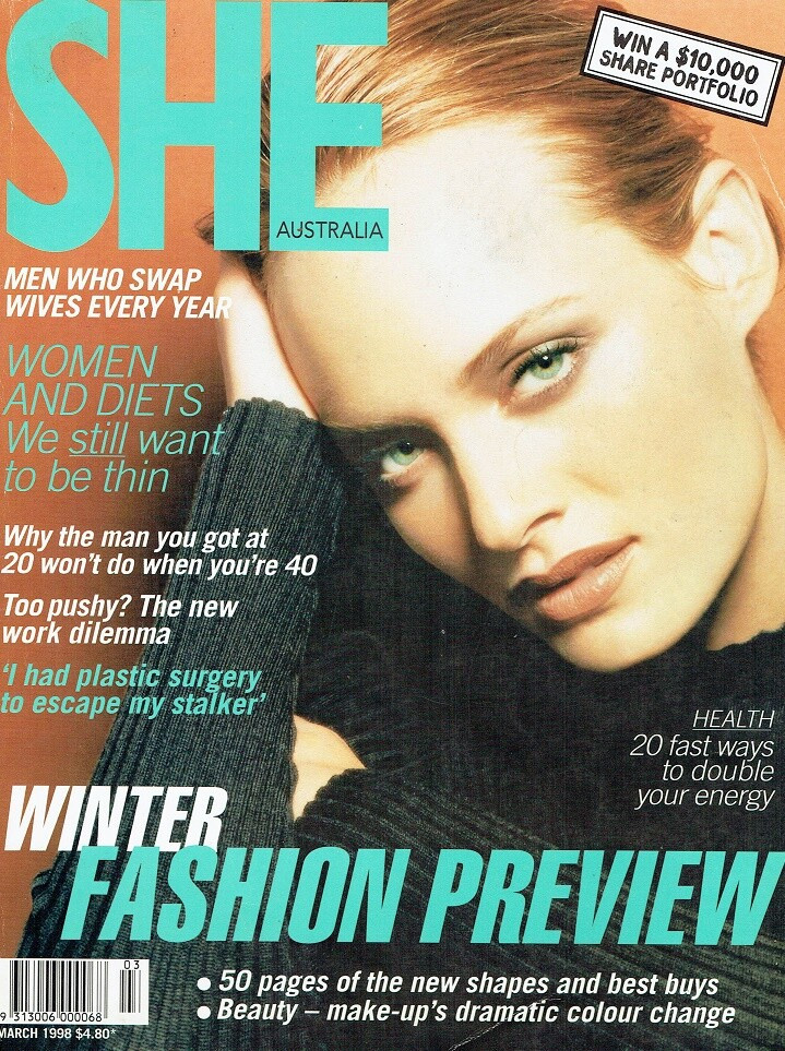 Amber Valletta featured on the SHE cover from March 1998