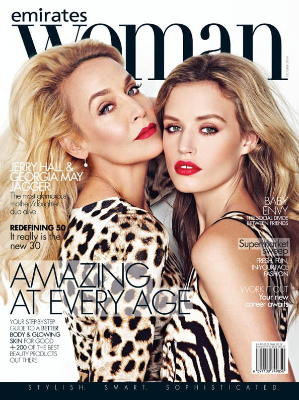 Jerry Hall, Georgia May Jagger featured on the Emirates Woman cover from October 2014