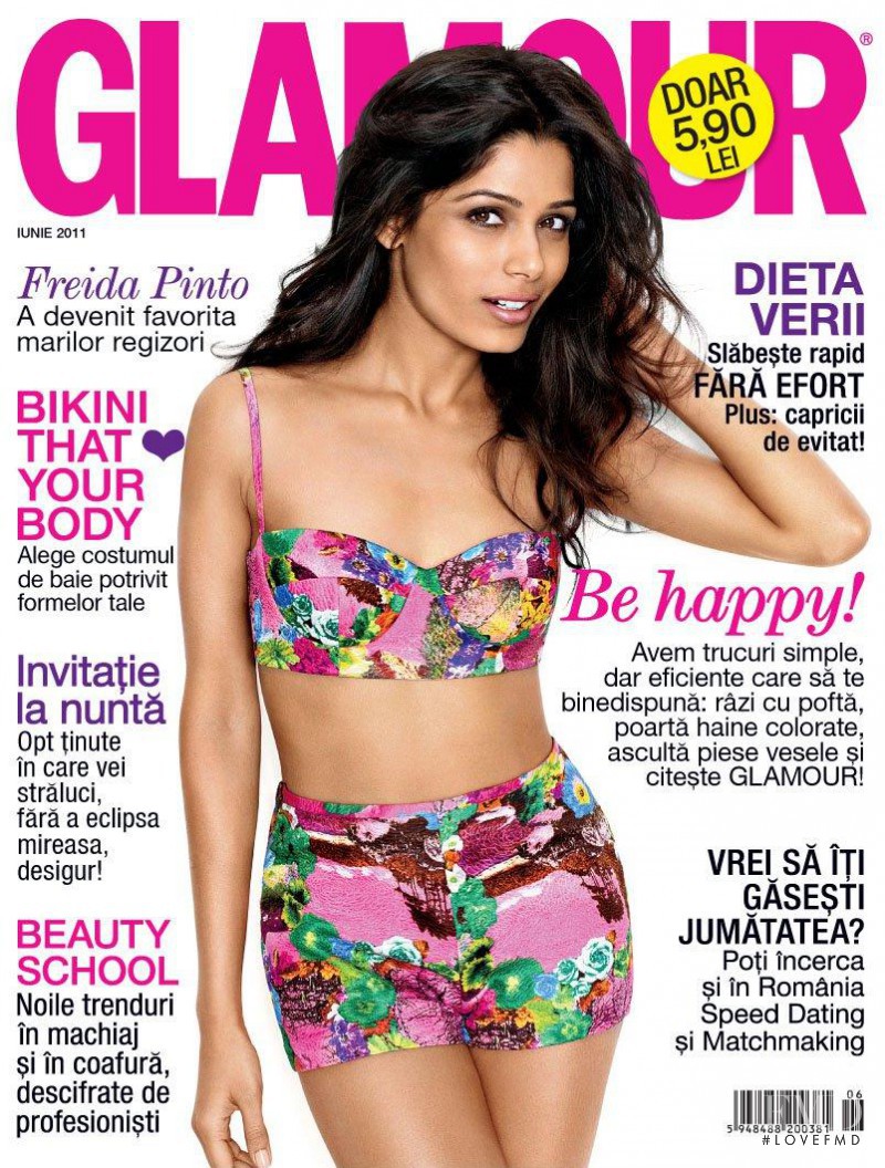 Freida Pinto featured on the Glamour Romania cover from June 2011