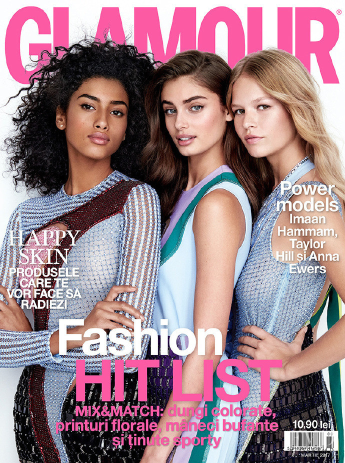 Taylor Hill, Anna Ewers, Imaan Hammam featured on the Glamour Romania cover from March 2017