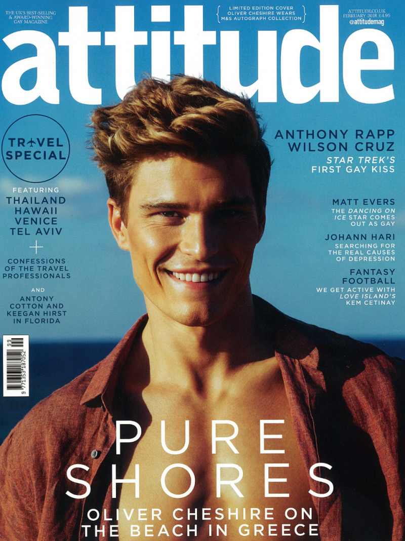 Oliver Cheshire featured on the Attitude UK cover from February 2018