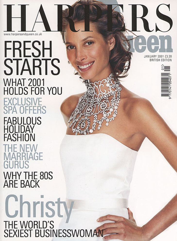 Christy Turlington featured on the Harpers & Queen cover from January 2001