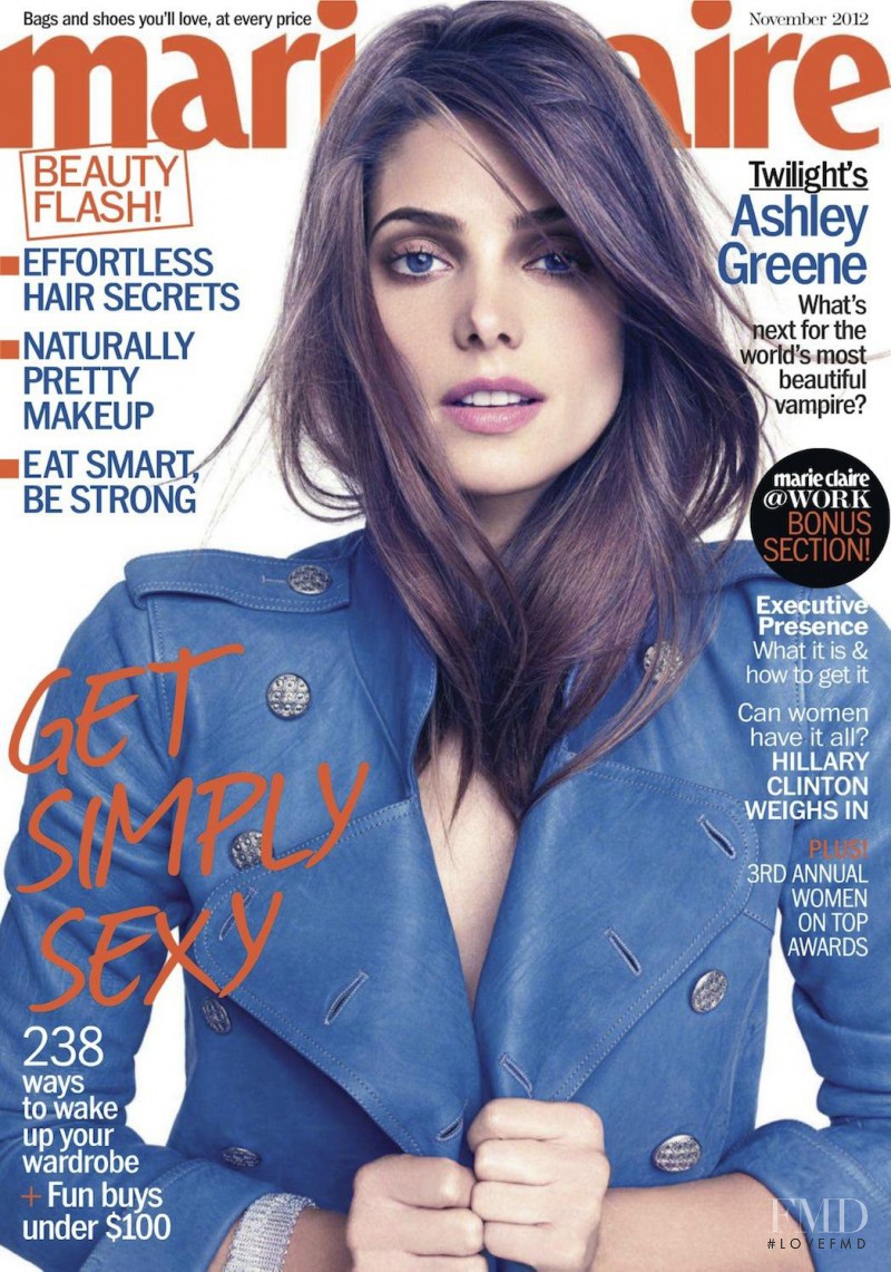 Ashley Greene featured on the Marie Claire USA cover from November 2012