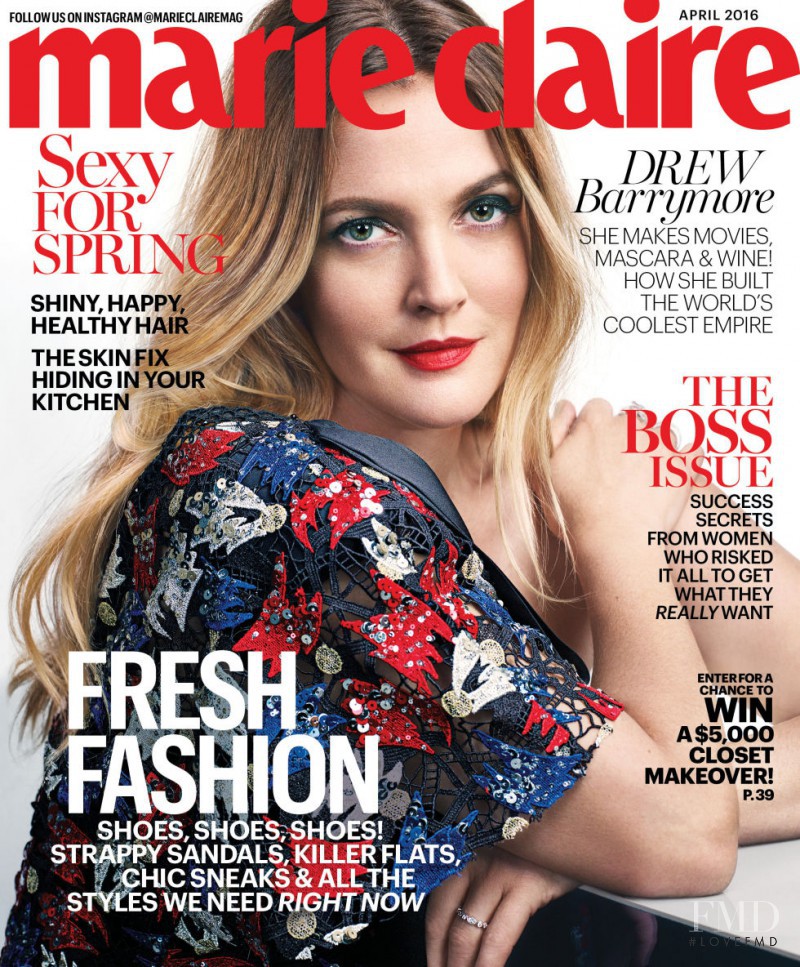 Drew Barrymore featured on the Marie Claire USA cover from April 2016