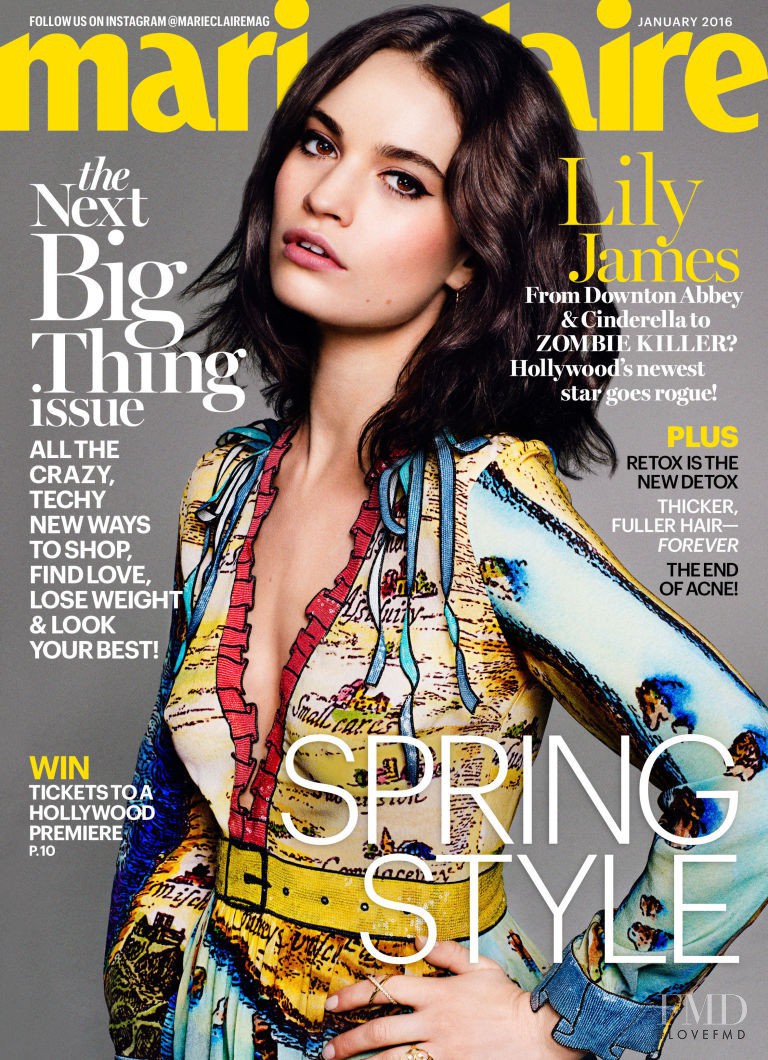 Lily James featured on the Marie Claire USA cover from January 2016
