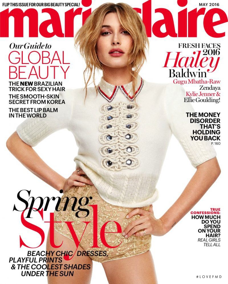 Hailey Baldwin Bieber featured on the Marie Claire USA cover from May 2016