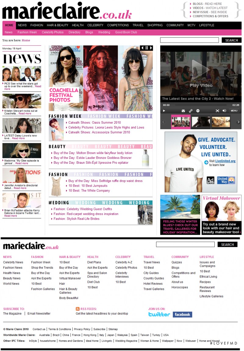  featured on the MarieClaire.co.uk screen from April 2010