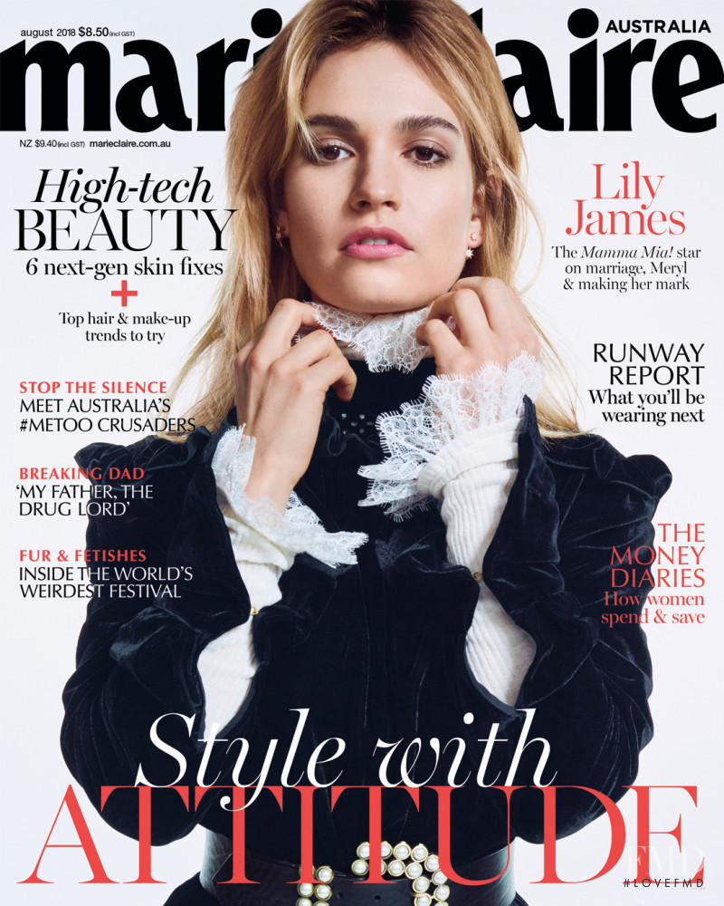 Lily James featured on the Marie Claire Australia cover from August 2018