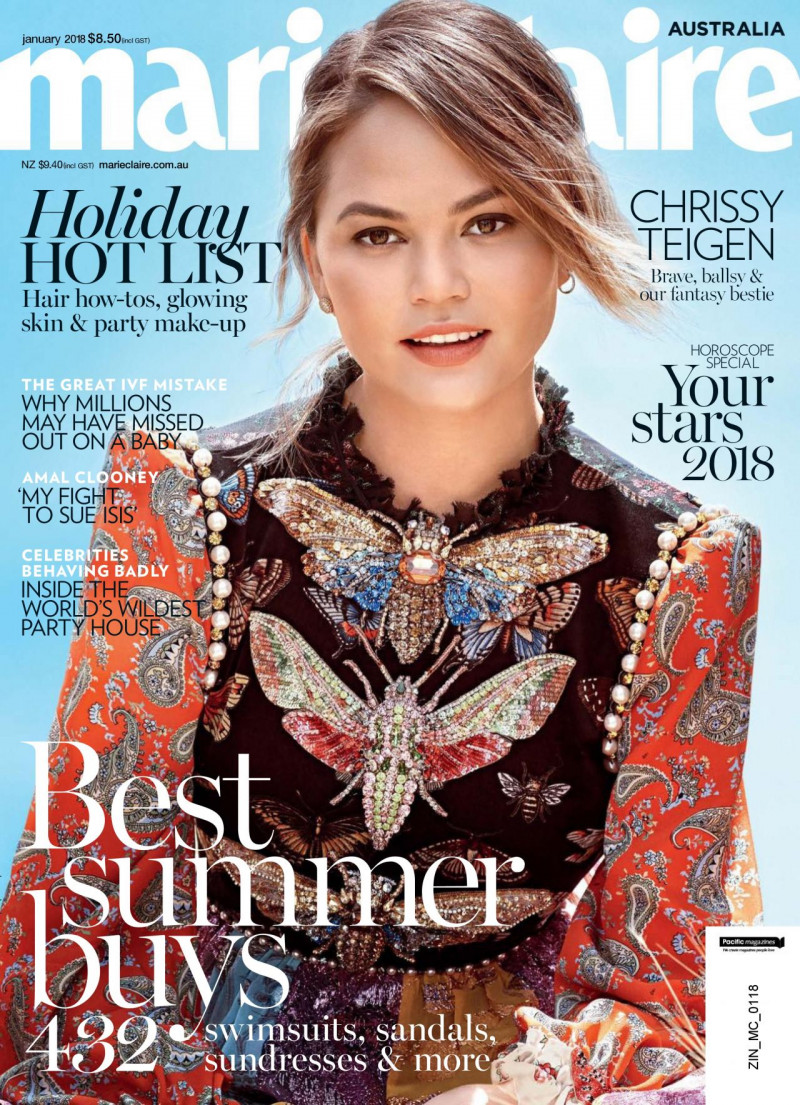 Christine Teigen featured on the Marie Claire Australia cover from January 2018
