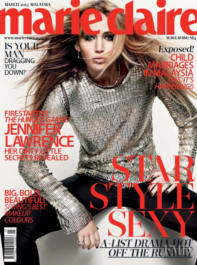 Jennifer Lawrence featured on the Marie Claire Malaysia cover from March 2013